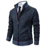Men's zip-up knit jacket with geometric pattern and ribbed cuffs