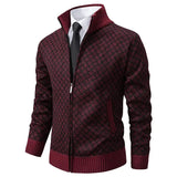 Men's zip-up knit jacket with geometric pattern and ribbed cuffs