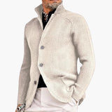 Men's cardigan with stand-up collar and button closure