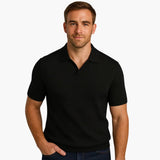 Ribbed knit polo sweater for men with open collar