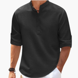 Henley shirt for men with button placket and roll-up sleeves