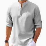 Henley shirt for men with button placket and roll-up sleeves