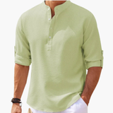 Henley shirt for men with button placket and roll-up sleeves