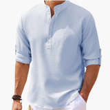 Henley shirt for men with button placket and roll-up sleeves