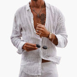 Men's plain long-sleeve shirt with lapel collar and button closure