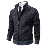 Men's zip-up knit jacket with geometric pattern and ribbed cuffs