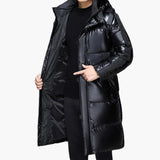 Long Men's Down Jacket with Hood and Zipper Closure