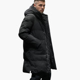 Long men's down jacket with hood
