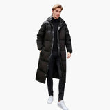 Men's long down jacket with zip closure