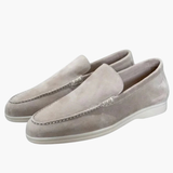 Slip-on men's moccasins with suede upper and white sole