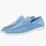 Slip-on men's moccasins with suede upper and white sole