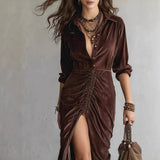 VERONIQUE | Robe longue en velours plissé