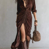 VERONIQUE | Robe longue en velours plissé