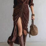 VERONIQUE | Robe longue en velours plissé