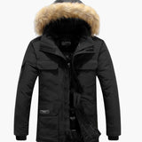 Men's parka with hood and zipper closure