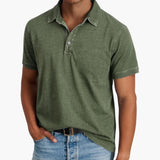 Men's short-sleeve polo with V-neck and discreet buttons