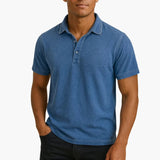 Men's short-sleeve polo with V-neck and discreet buttons