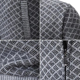 Men's zip-up knit jacket with geometric pattern and ribbed cuffs