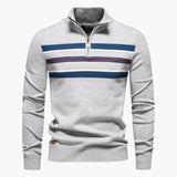 Men's knit sweater with half zip and striped pattern on the chest