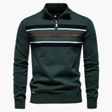 Men's knit sweater with half zip and striped pattern on the chest