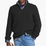 Men's zip-up sweater with stand-up collar and ribbed knit