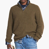 Men's zip-up sweater with stand-up collar and ribbed knit