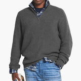Men's zip-up sweater with stand-up collar and ribbed knit