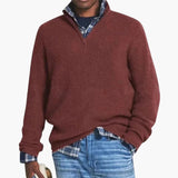Men's zip-up sweater with stand-up collar and ribbed knit