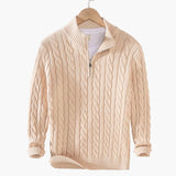 Twisted knit pullover for men with half zip and ribbed hem