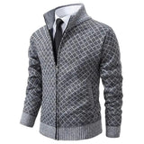 Men's zip-up knit jacket with geometric pattern and ribbed cuffs