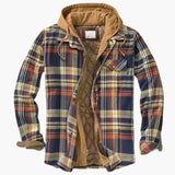 Men's plaid hooded jacket with button closure and chest pockets