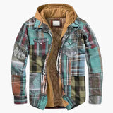 Men's plaid hooded jacket with button closure and chest pockets