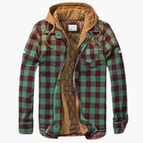 Men's plaid hooded jacket with button closure and chest pockets