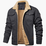 Men's jacket with sherpa lining and front button closure