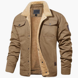 Men's jacket with sherpa lining and front button closure