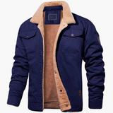 Men's jacket with sherpa lining and front button closure