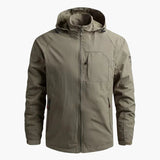 Men's zip-up jacket with hood and multiple pockets