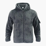 Men's fleece jacket with hood, zip closure, and long sleeves