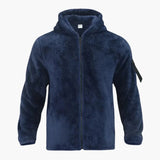 Men's fleece jacket with hood, zip closure, and long sleeves