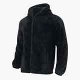 Men's fleece jacket with hood, zip closure, and long sleeves