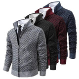 Men's zip-up knit jacket with geometric pattern and ribbed cuffs